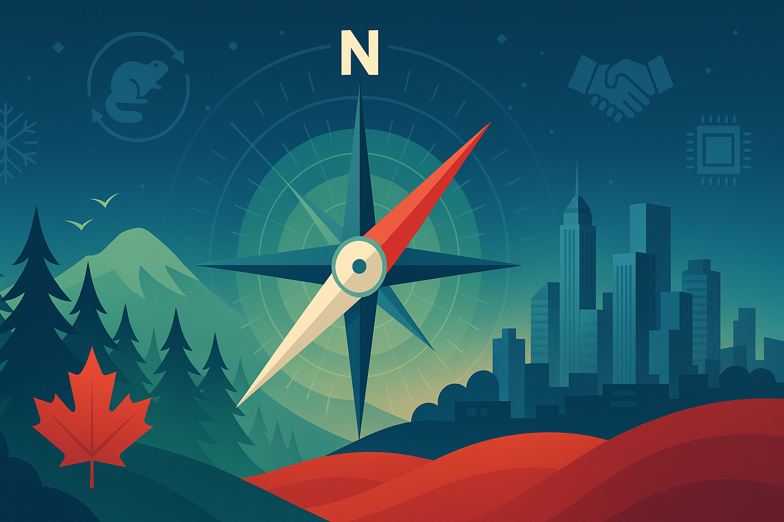 Stylised compass pointing True North between forest and skyline